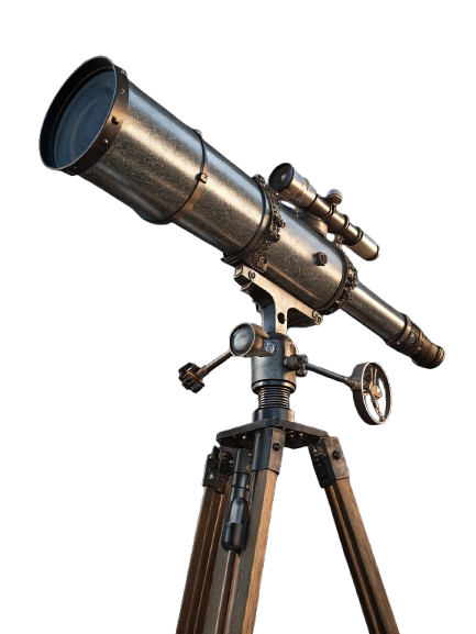 Close-up of a vintage-style telescope on a wooden tripod, set.